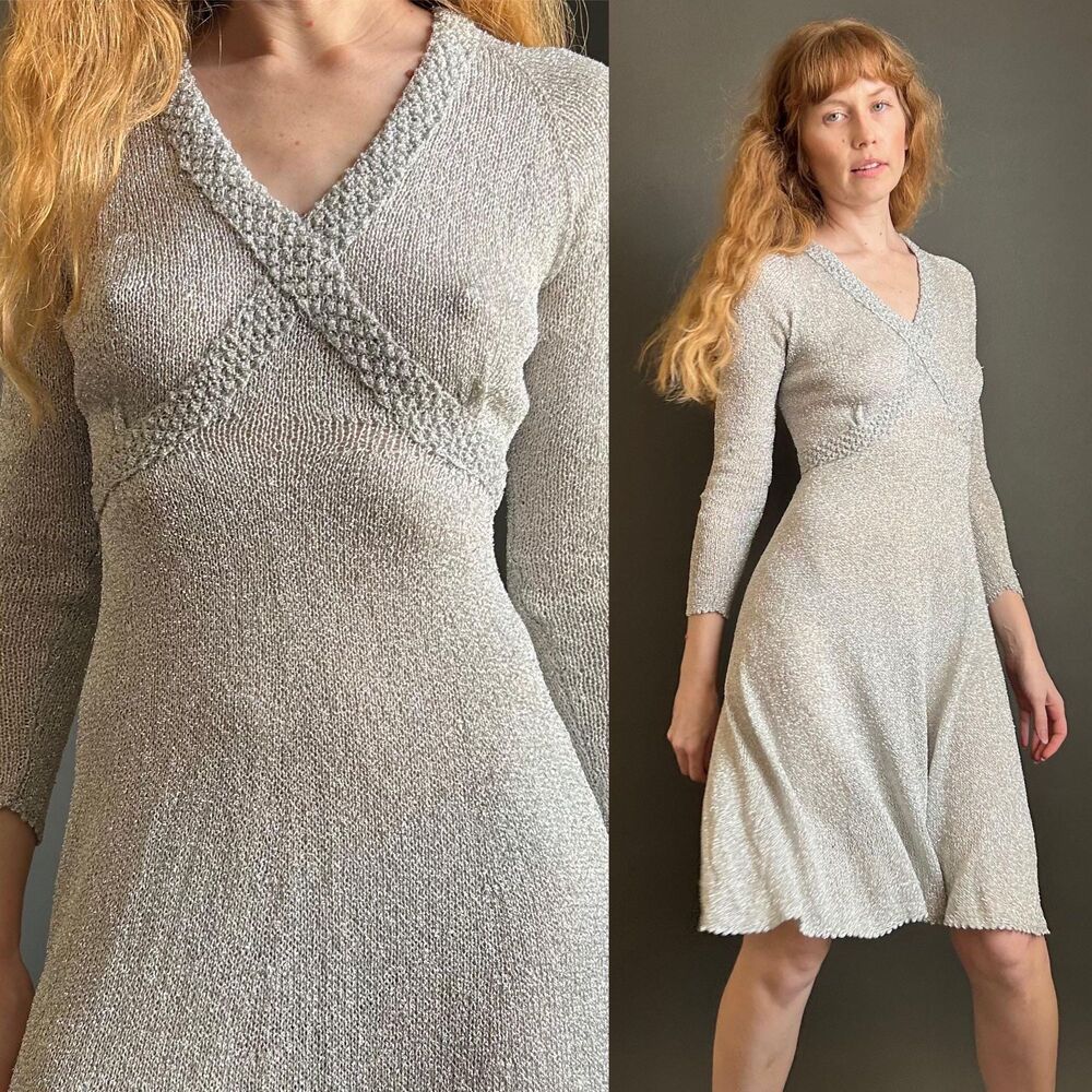 Vintage 1960s Silver Lurex Knit A-line Mini Dress, Medium